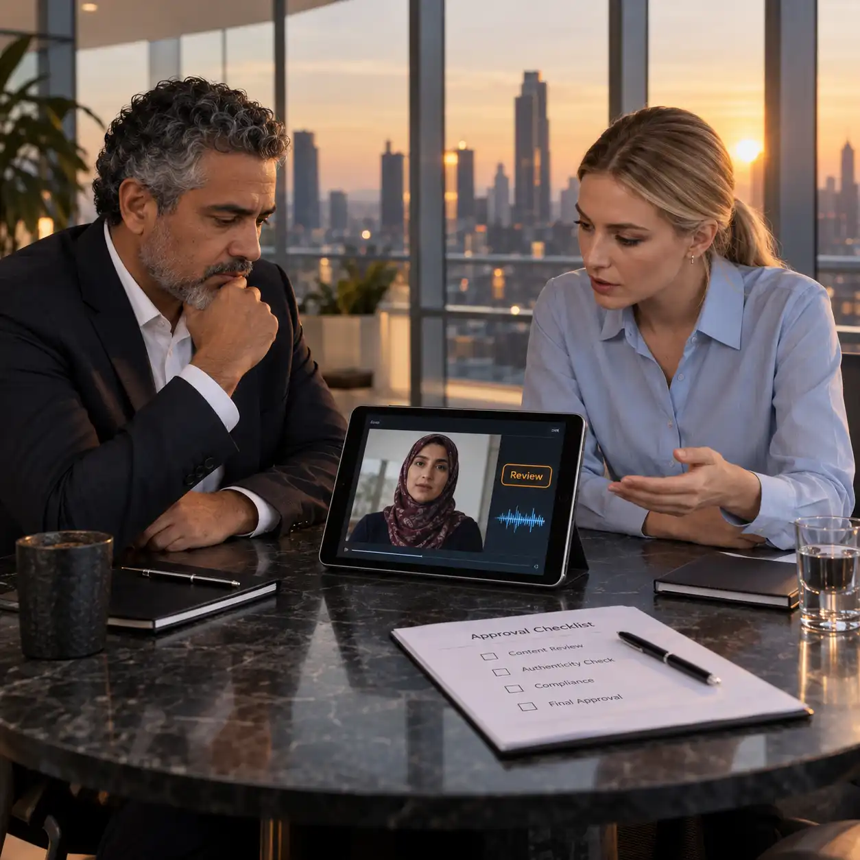 Two colleagues review a recorded speaker on a tablet beside an approval checklist, illustrating how an ai video detector can provide additional evidence before important authorization or publishing decisions.