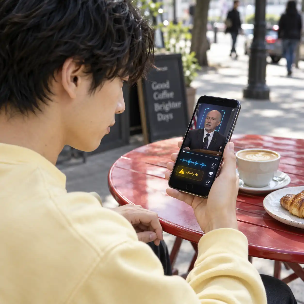 A viewer at an outdoor cafe checks a speaker's video on a phone displaying a warning and audio waveform, illustrating an ai video detector review before trusting or sharing content.