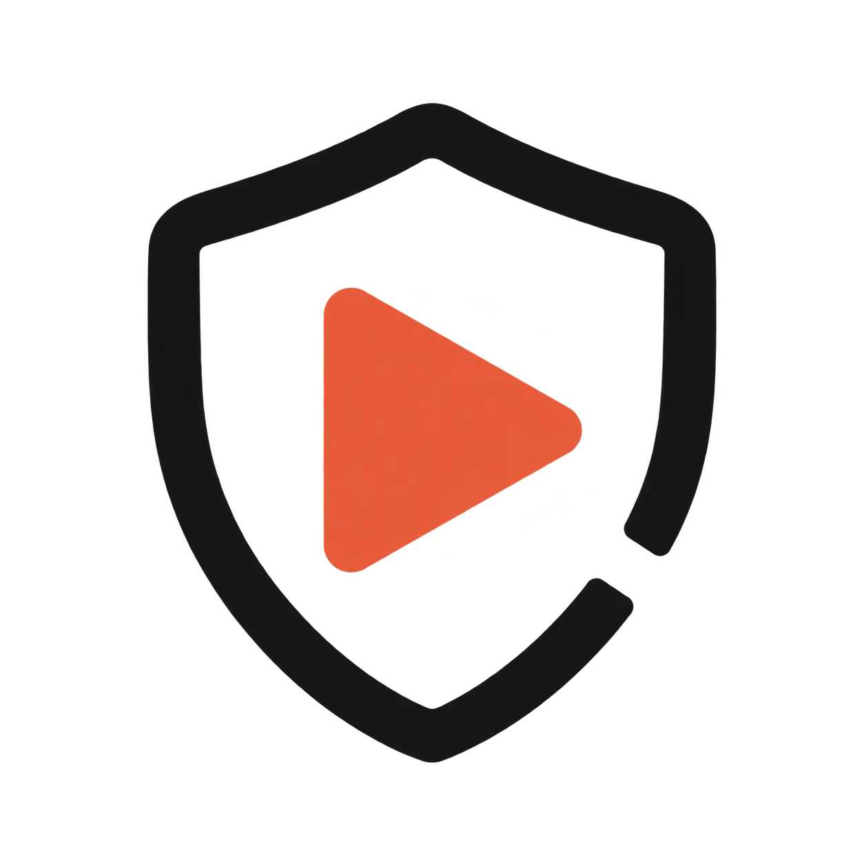 The ai video detector logo features an orange play symbol inside a dark shield outline, representing a video review service that examines visual and voice clues in uploaded recordings.